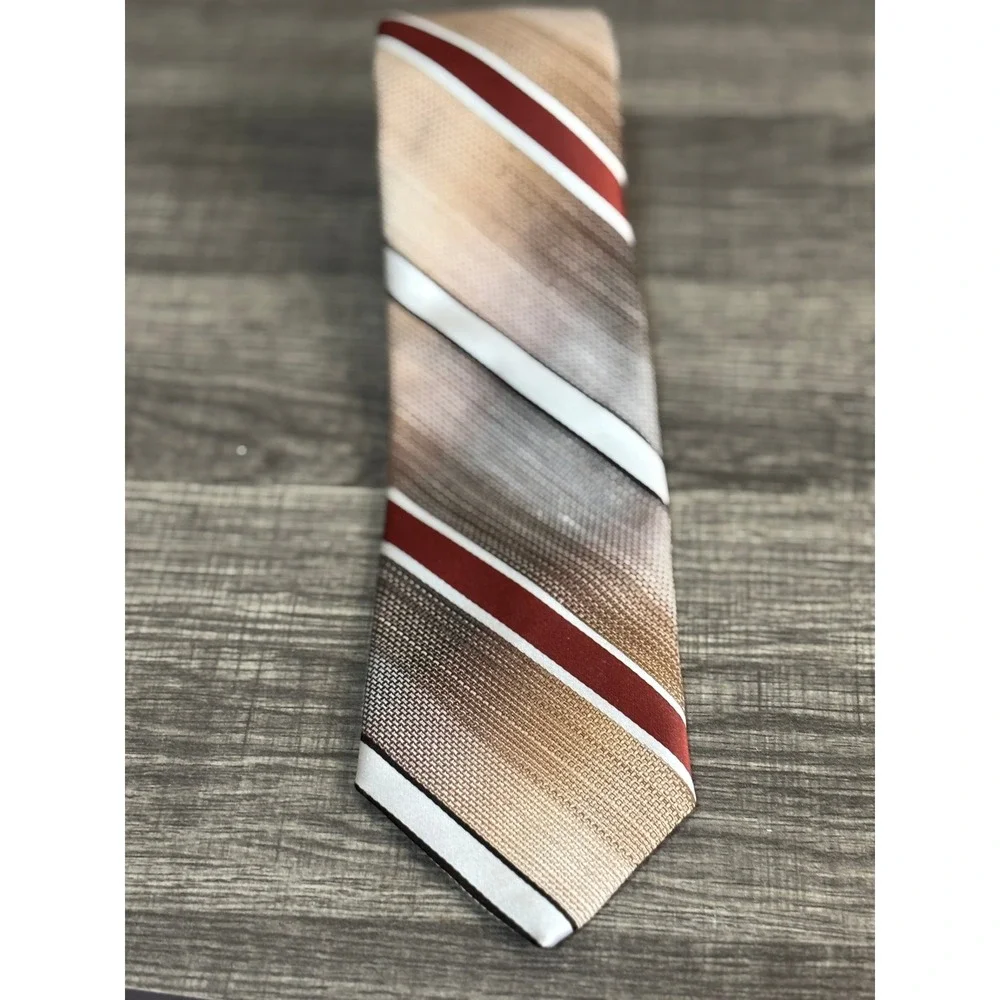 Oleg Cassini Mens‎ Silk Necktie Hughes & Hatcher Burma Brown Red Striped Tie